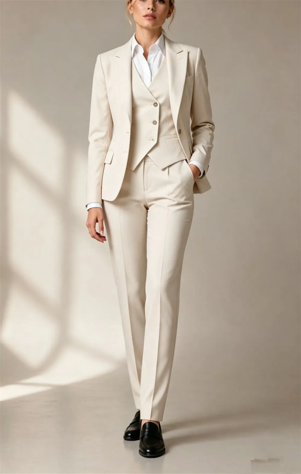 Beige 3 Pcs Women's Suits Elegant Slim Fit Chic Business Wear Office Pantsuit (Blazer+Vest+Pants) Custom Made
