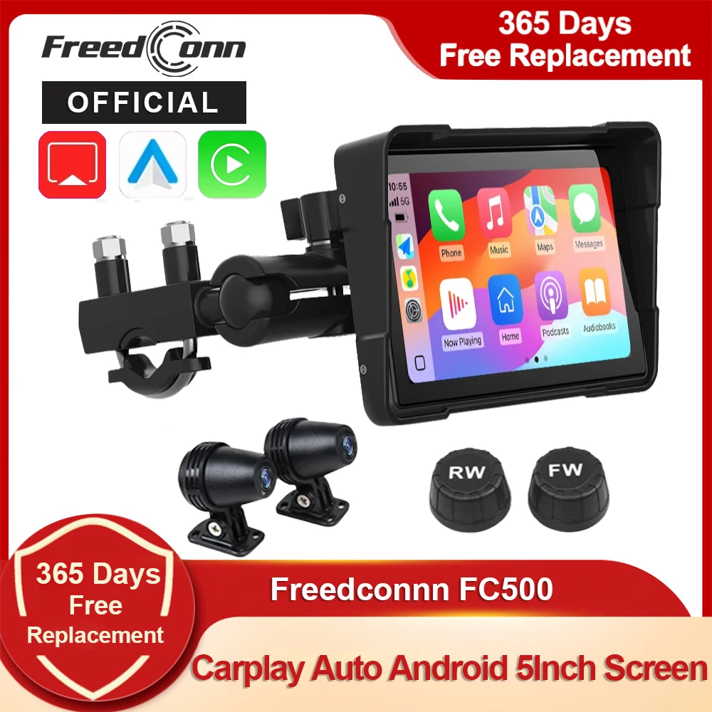 

Мотоциклетная навигационная система Freedconn с GPS, беспроводным Apple CarPlay, Android, 5-дюймовым экраном, водонепроницаемостью IPX7, HD-качеством и двойной видеозаписью.