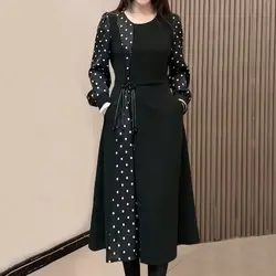 Fashion O-Neck Button Polka Dot Fake Two Pieces Midi Dress Women's Clothing Autumn New Loose Office Lady Vintage Dresses