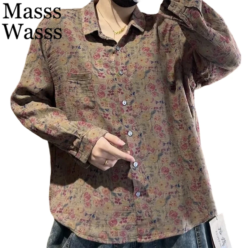 

Masss Wasss 2026 Spring Fashion Floral Tops Women Casual Loose Floral Shirts Ladies Vintage Printed Classic Cotton Linen Blouses