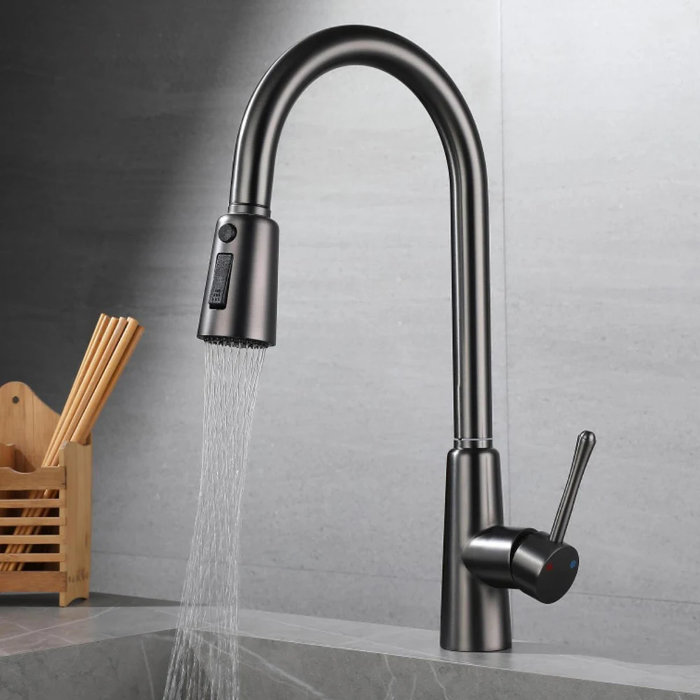 Kitchen Sink  Faucet  304 Stainless Steel Material 80 cm Hoses Pull Down Gun Grey & Brushed Grey Color Mixer Water Cold And Hot