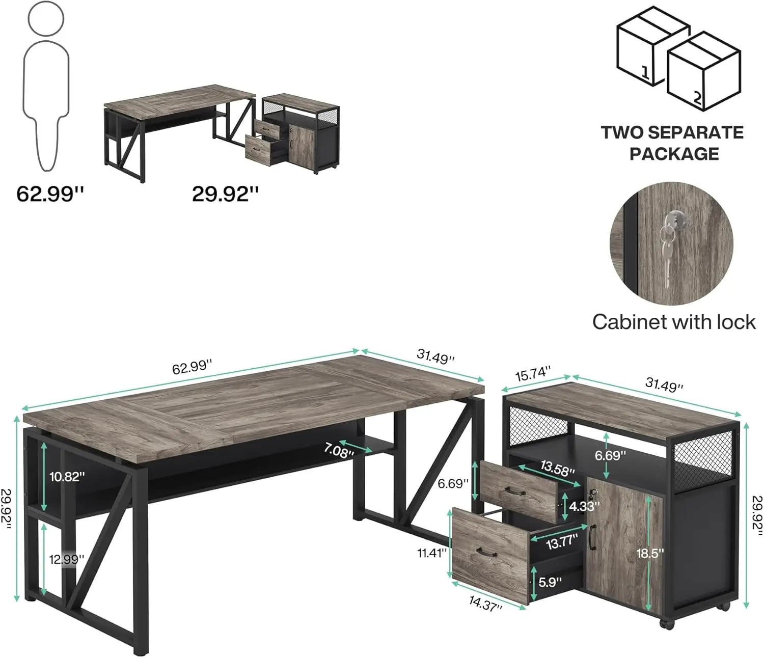 L Shaped Desk with Drawer Cabinet, 63