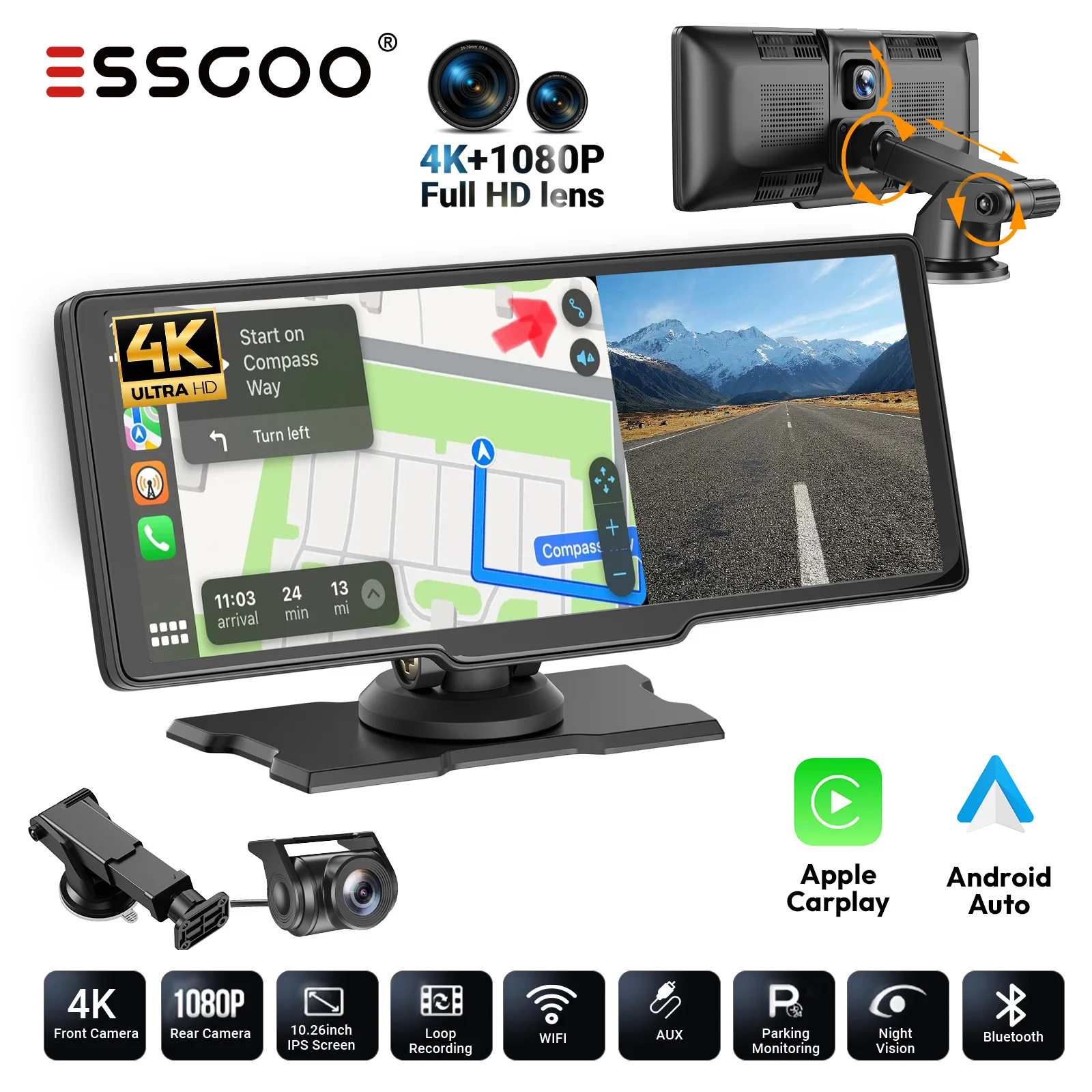 ESSGOO 1080P 10,26 Zoll Kabelloser Apple CarPlay Android Auto Touchscreen Auto-DVR Dashcam Dual-Objektiv Videorekorder Mirror Link WIFI BT