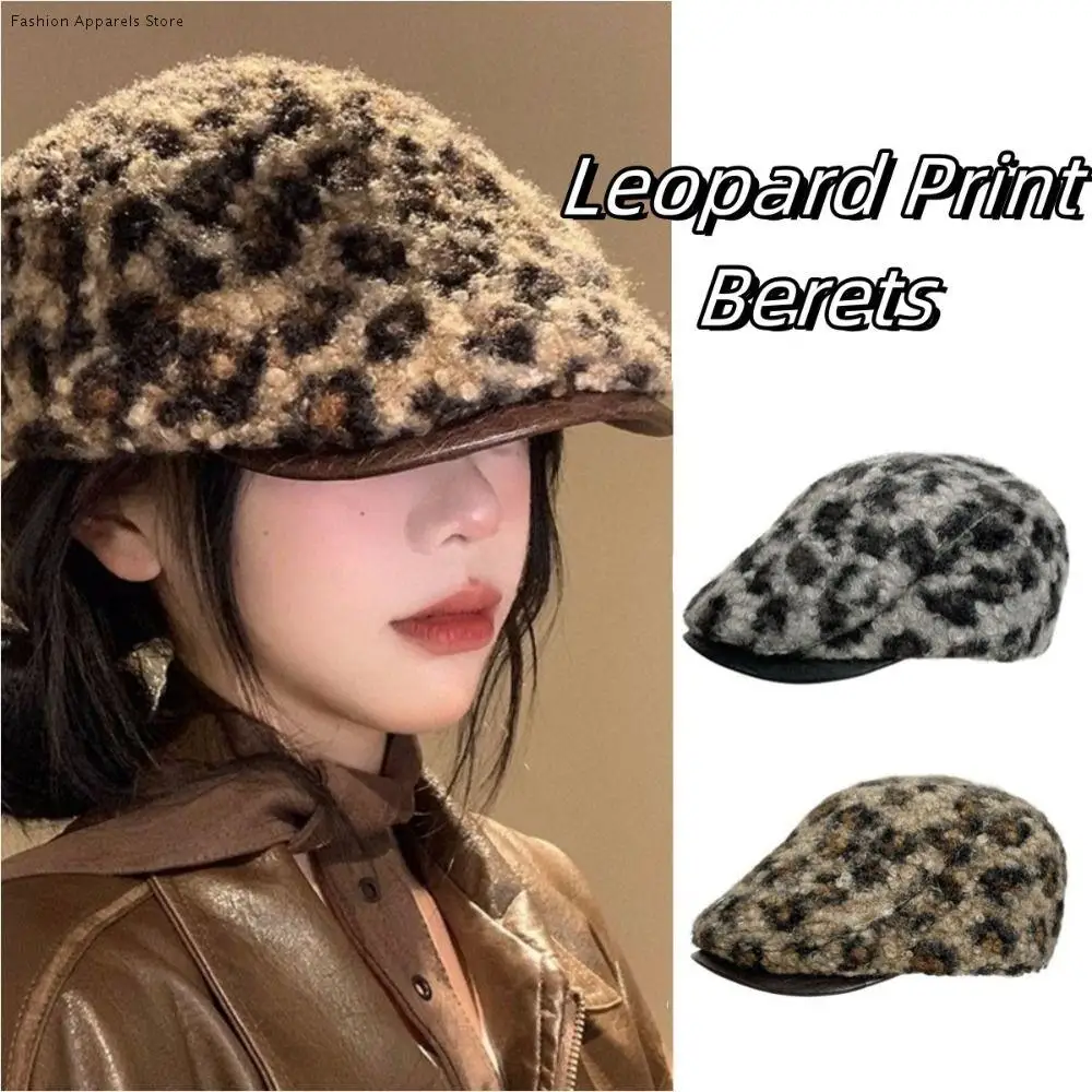 

Vintage Adjustable Lamb Wool Berets Hat Keep Warm Y2k Leopard Print Berets Painter Street Women Newsboy Caps Autumn Winter