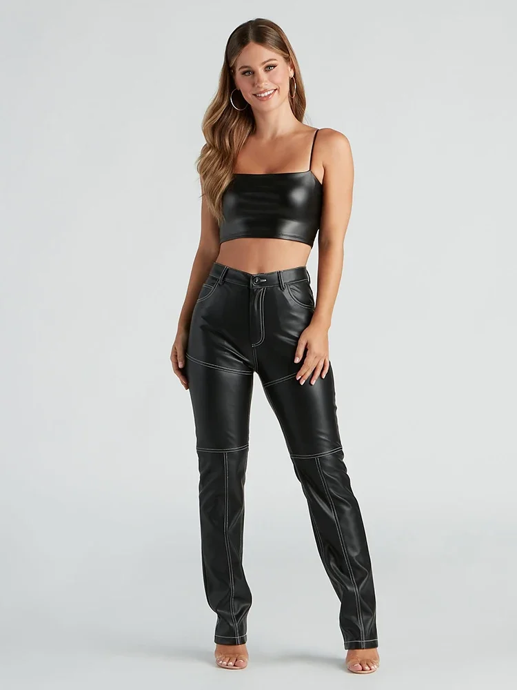 Women High Waist Matte Splicing Faux Leather Pants With Pocket Vintage PU Casual Stretch Bodycon Pencil Trousers Custom Clubwear