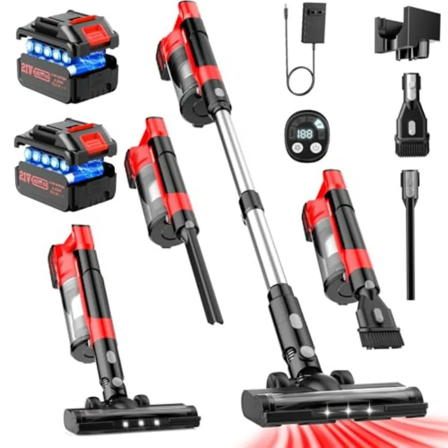 Cordless Vacuum Cleaners for Home with 2Battery 8000mAh Brushless Rechargeable Stick Vacuum with 3 Mode 6 In 1 Portable Handhel