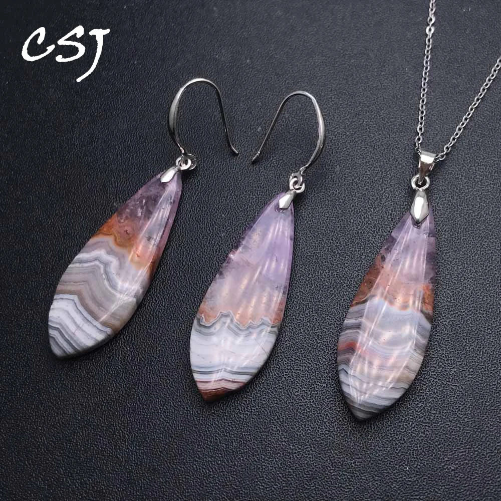 Elegant Natural Amethyst Agate Jewelry Sets Sterling 925 Silver Super Seven Crystal 13*38mm for Women Party Wedding Jewelry Gift