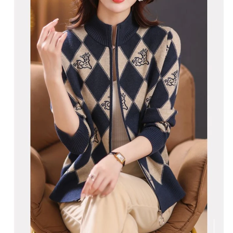 Spring Autumn New Zipper Patchwork Sweaters Cardigan Long Sleeve Contrast Short Tops Coat Elegant Temperament Women Clothing