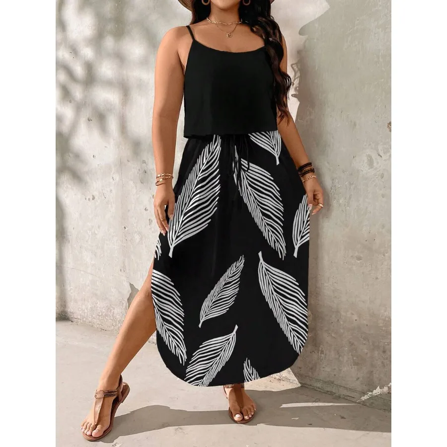 

【New style】EMERY ROSE Black and White Leaf Print Plus Size Dress, Suitable For Summer Vacation, Summer Dresses For Women, Maxi