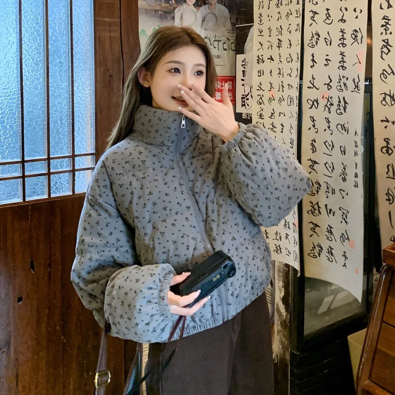 

2025 New Floral Cotton Jacket Women Winter Student Short Thick Loose Padded Coat