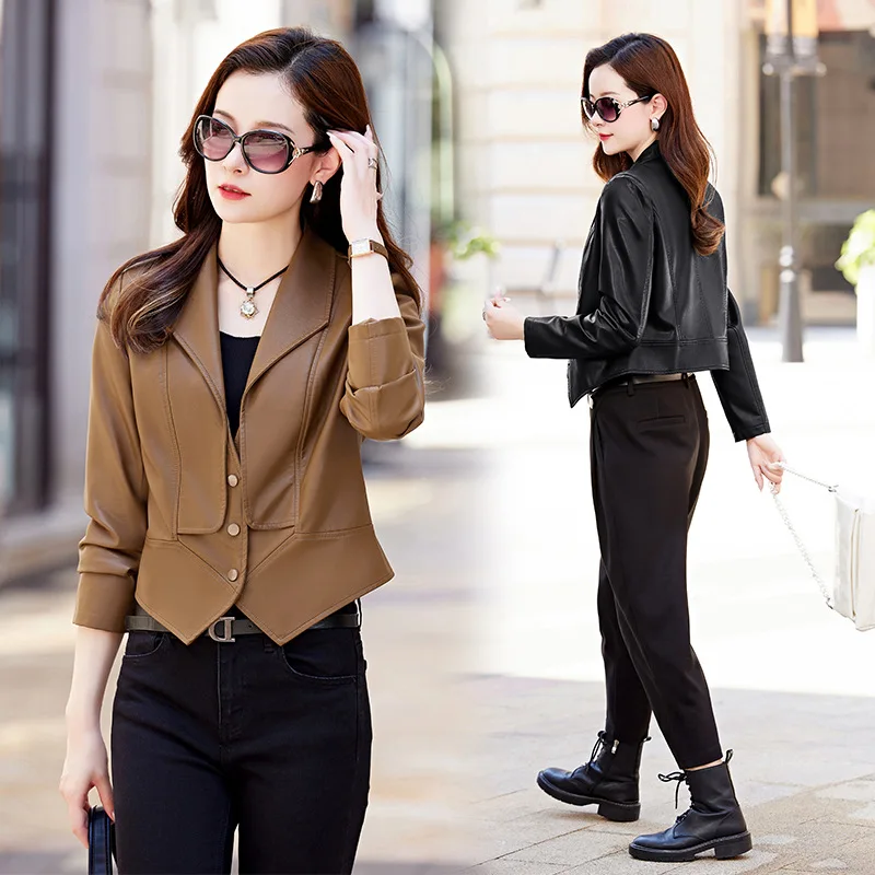 

Short leather jacket for women's spring and autumn 2024 new small stature, slim fit and slimming sheepskin jacket top