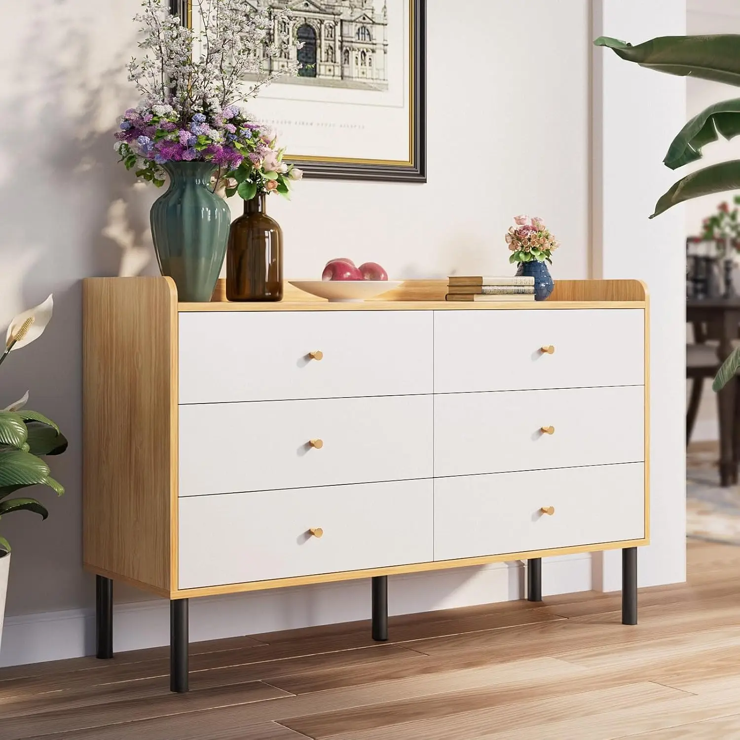 Commode en bois naturel à 6 tiroirs avec poignées en métal, commode de chambre moderne pour couloir ou entrée