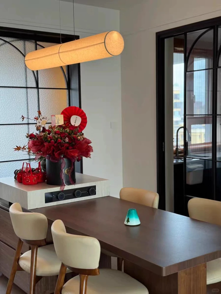 Japanese Wabi Sabi style restaurant pendant light, fabric light, bar counter dining, Zen inspired one line long strip light