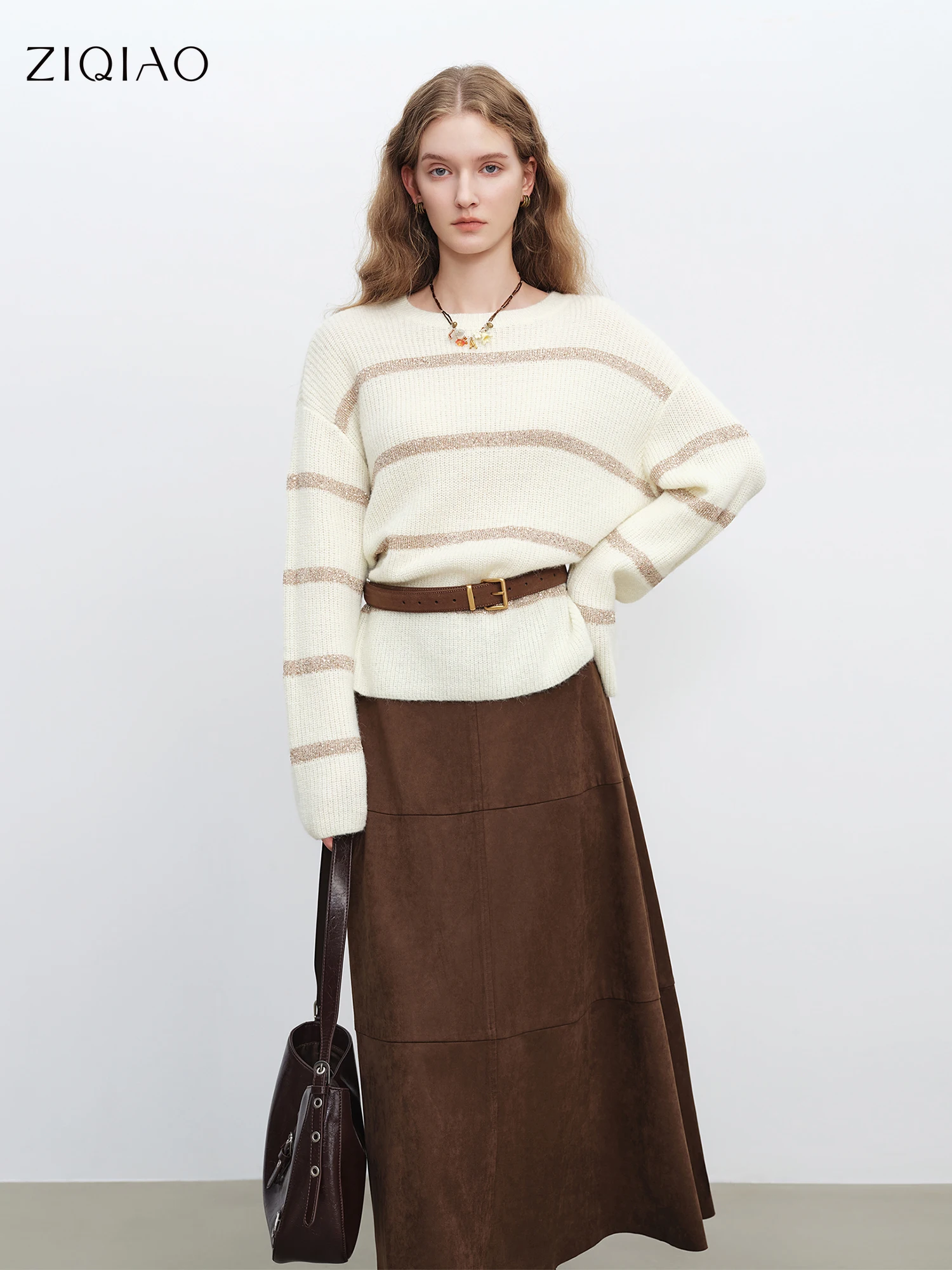 

ZIQIAO 2025 Autumn Winter Women's Grey Color Block Striped Knit Sweater - Relaxed Fit Long Sleeve Top for Casual Loungewear