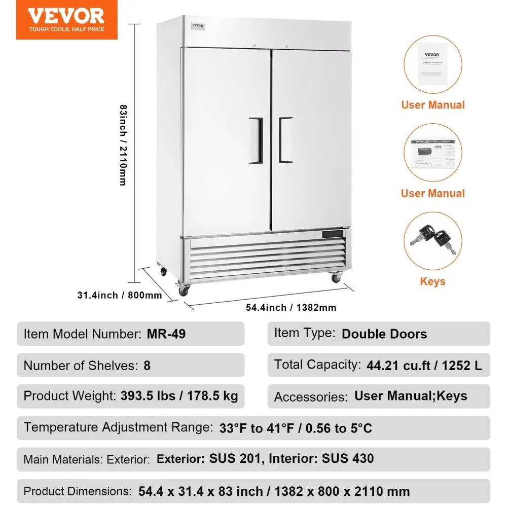 Commercial Refrigerator 44.21 Cuft Reach In Upright Refrigerator 54.4 Inch Wide 2 Door Auto Defrost Stainless Steel 8 Shelves