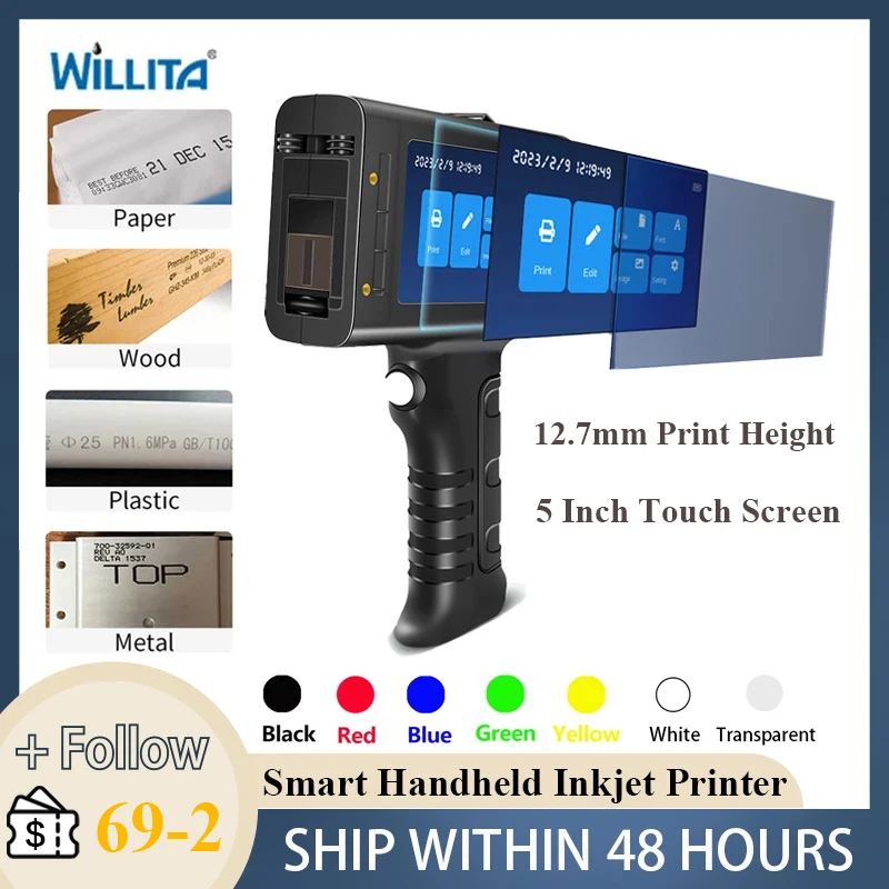 Willita-impresora de inyección de tinta portátil, 12,7mm, para número de lote, código de barras, código QR, logotipo, impresora manual textil, máquina de codificación de etiquetas