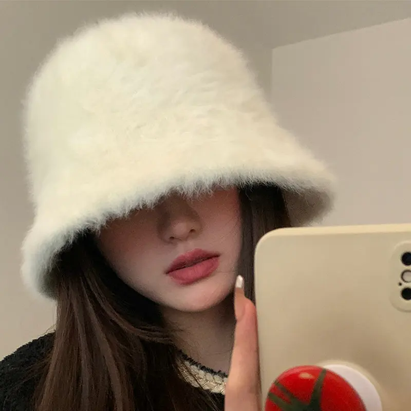 Winter Rabbit Plush Fisherman Hats Solid Color Girl Fashion Bucket Hat Warm Windproof Cold-proof Wide Brim Lady Women Artist Cap