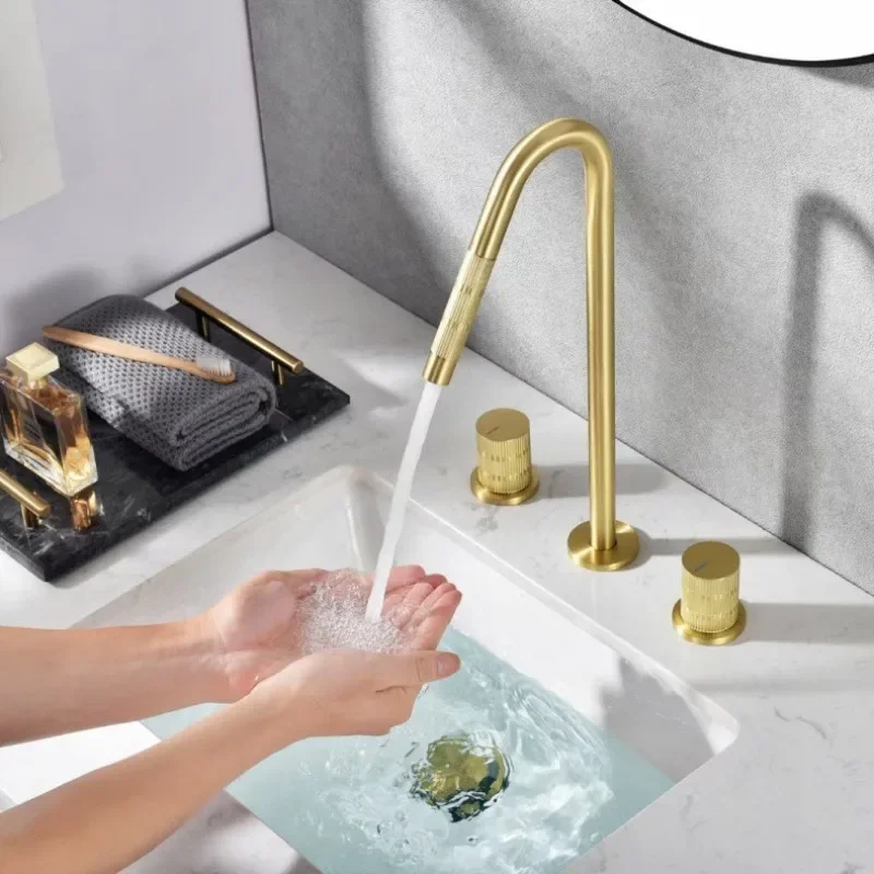 New Arrival Bathroom Widespead Basin Faucet Brush Gold Total Brass Tap luxury Basin Mixer Hot And Cold Shower Room Sink Faucet