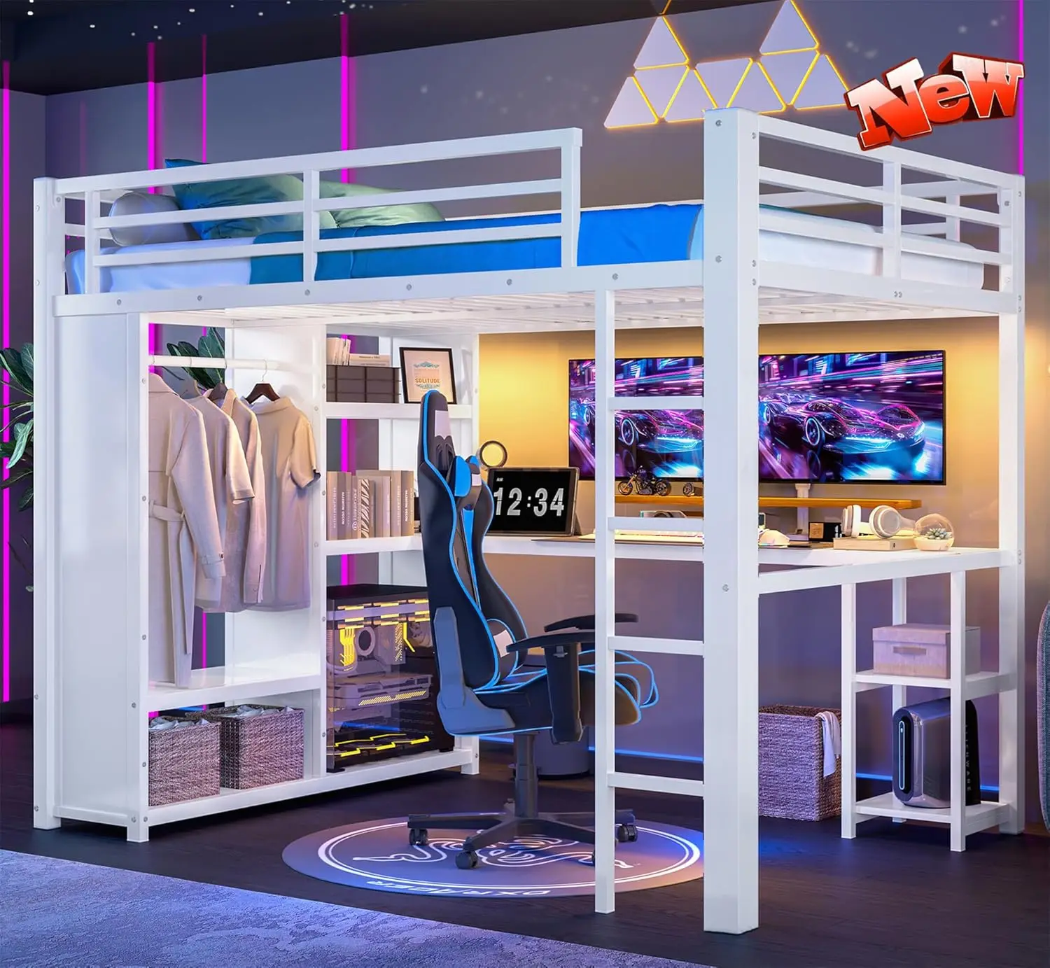 Stronger & Higher Quality Heavy Duty Metal Loft Bed Frame Queen Size with Built-in Wardrobe and Desk and Storage Shelves, Noise-