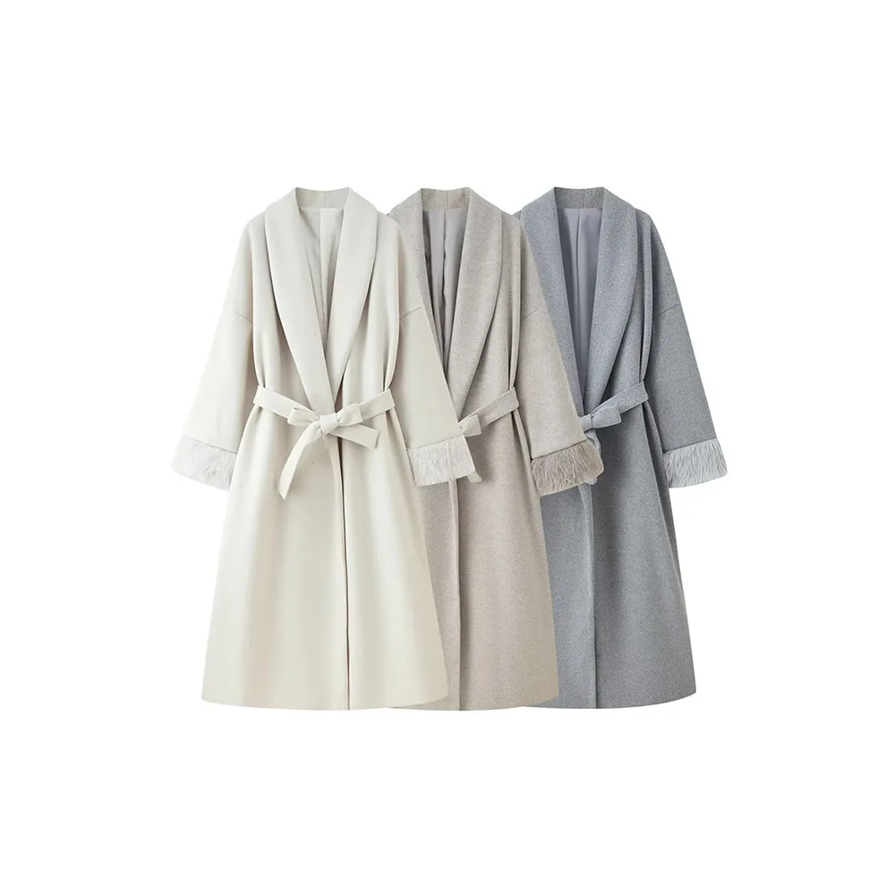 

Осенне-зимнее новое женское модное свободное трехцветное шерстяное пальто на шнуровке с манжетами