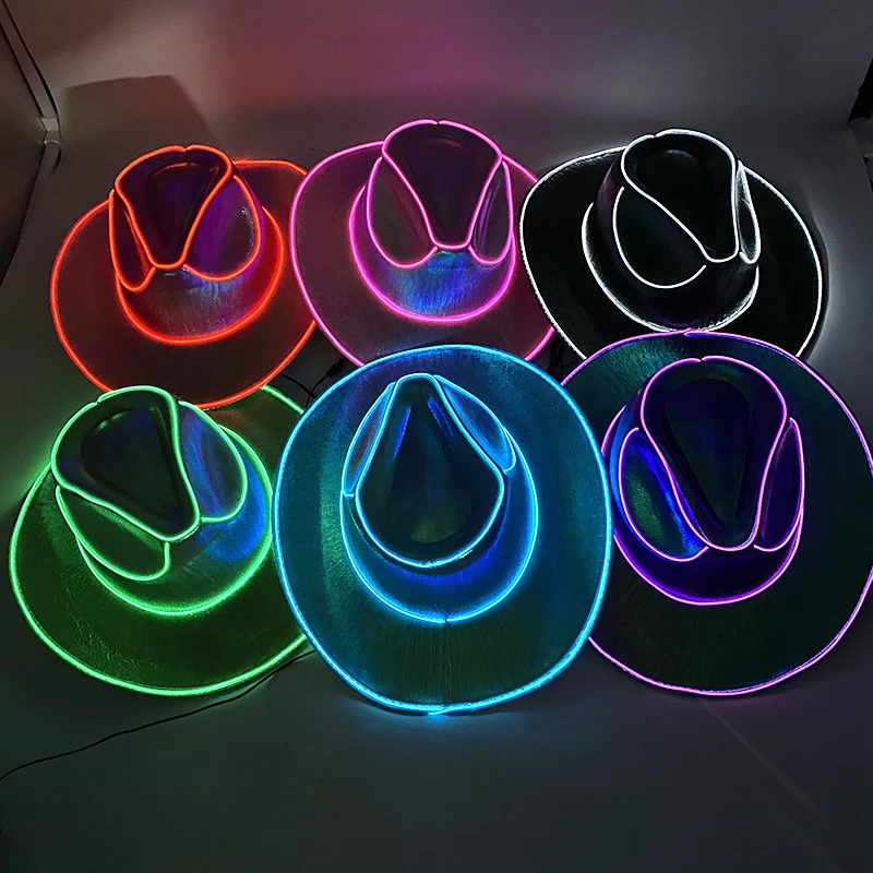 LED Western Style Cowgirl Hat Retro Style LED Light Brim Jazz Top Hat Birthday Nightclub Felt Cowboy Cap Cosplay Decor