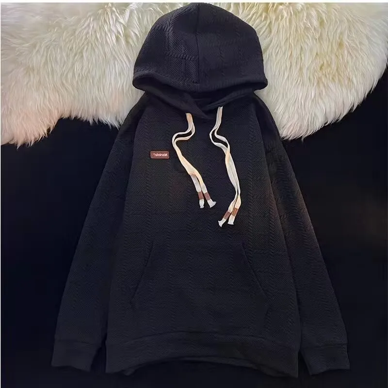 MiiiiX Casual Waffle Loose Oversize Sweatshirt Kangaroo Pocket Plaid Drawstring Hooded Jacket 2024 Autumn New Women's Clothes