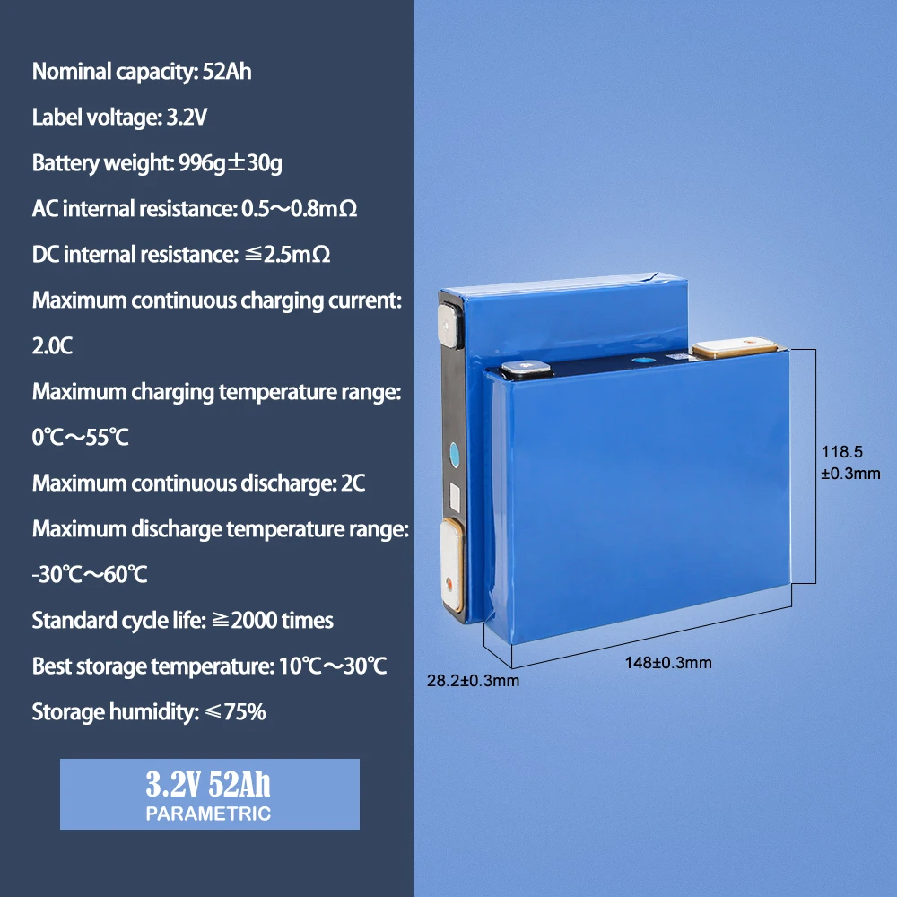 3.2V 50Ah 52Ah Lifepo4 Rechargeable Batteries Original Brand New Cell For Solar Energy Storage DIY 12V 24V 48V 50Ah Battery Pack