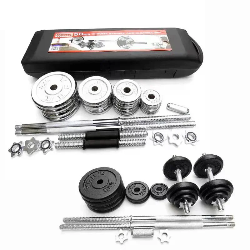 Factory Directly Sell Barbell and Dumbbell Set for 50kg Silver Chrome Barbell Dumbbell Set