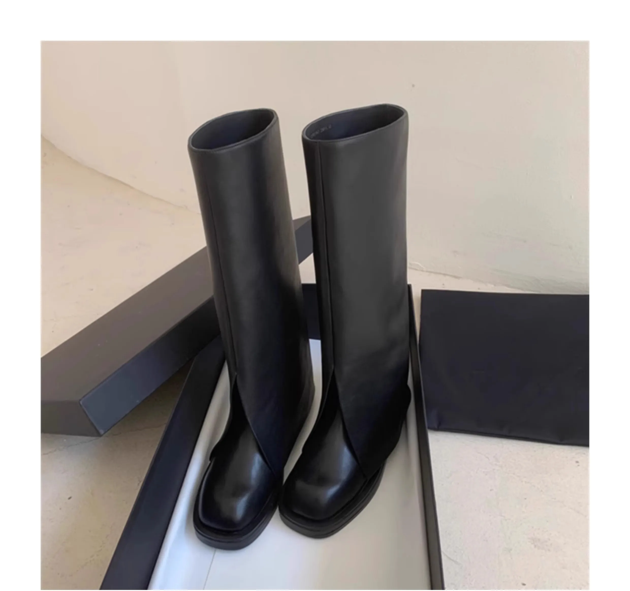 

Brand Design Women Shoes European Style Trouser Boots Round Toe Leather Slip On Women's Motorcycle Knee High Knight Boots