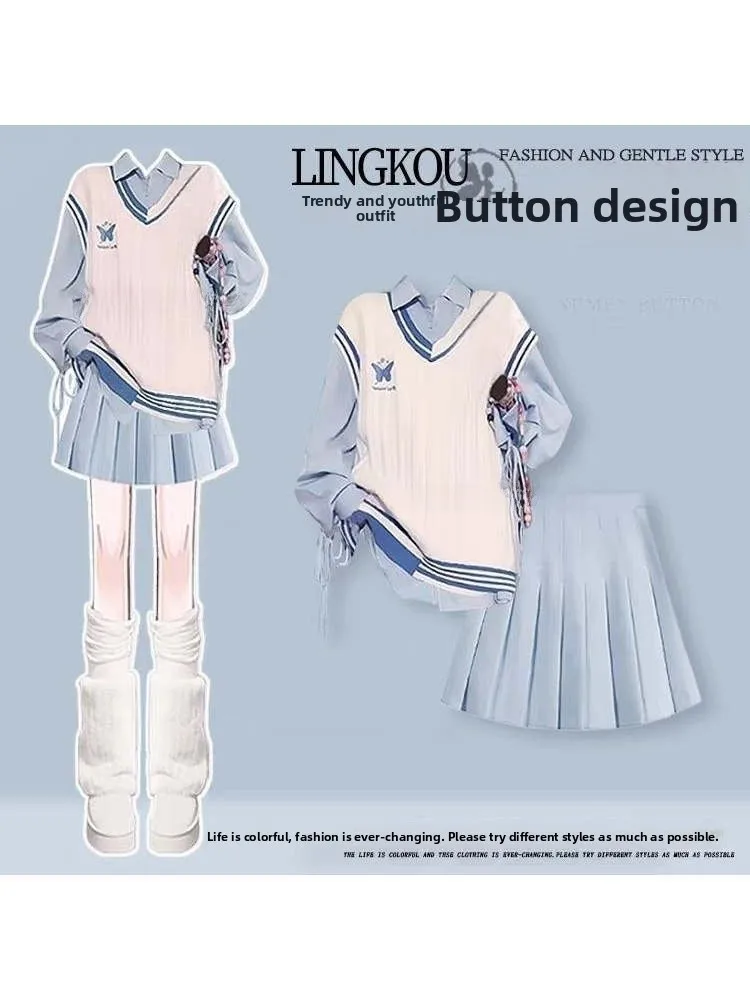 

Blue Knitted irt And High Waist Pleated Skirt Set College Sle Autumn Faion Ensemble Age Defng Gentle Quali Outfit