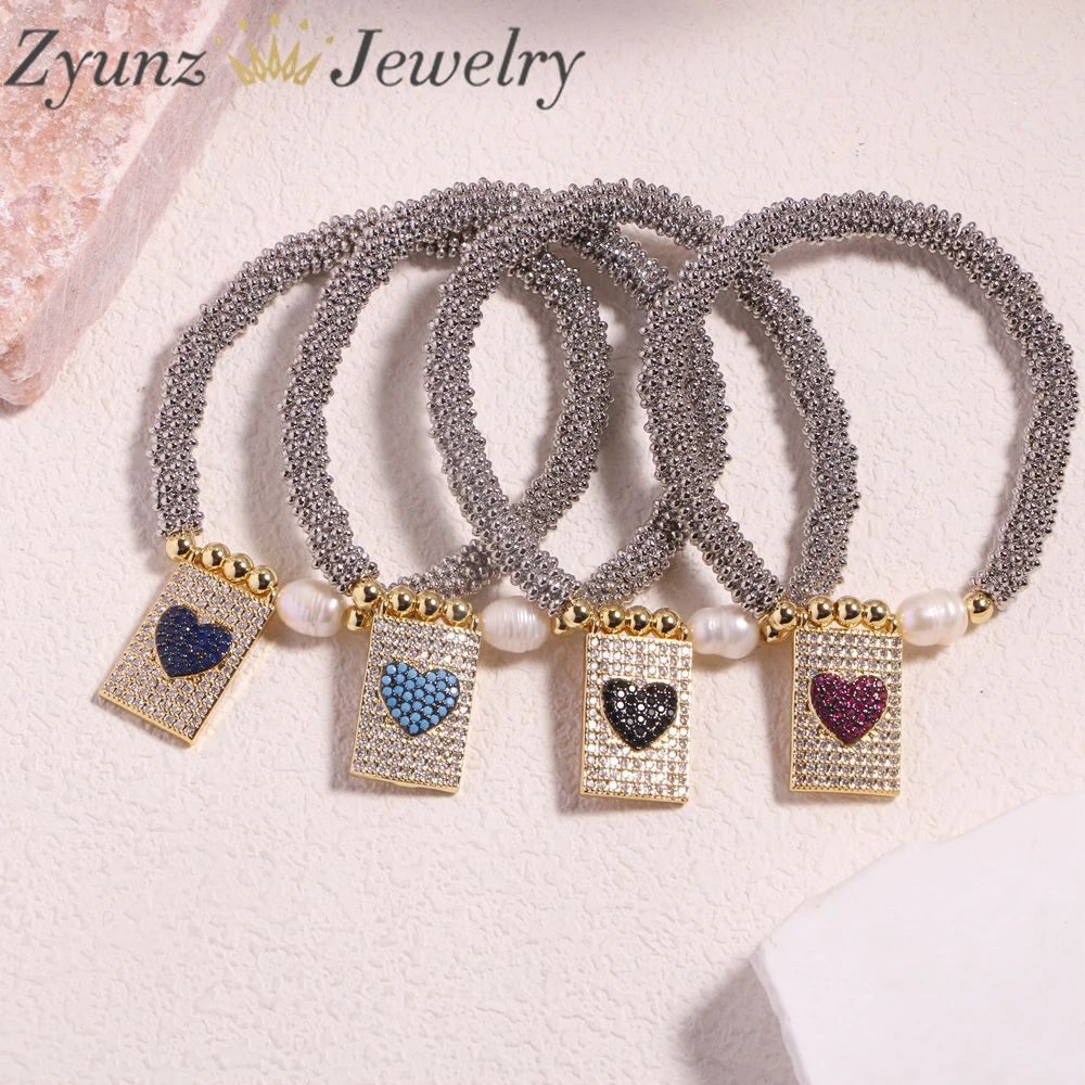 

5PCS, Cubic Zircon Cross Flower Spacer Beads Bracelet Fashion Heart Woman Elastic Bracelet Delicate Cross Religion Jewelry Gift