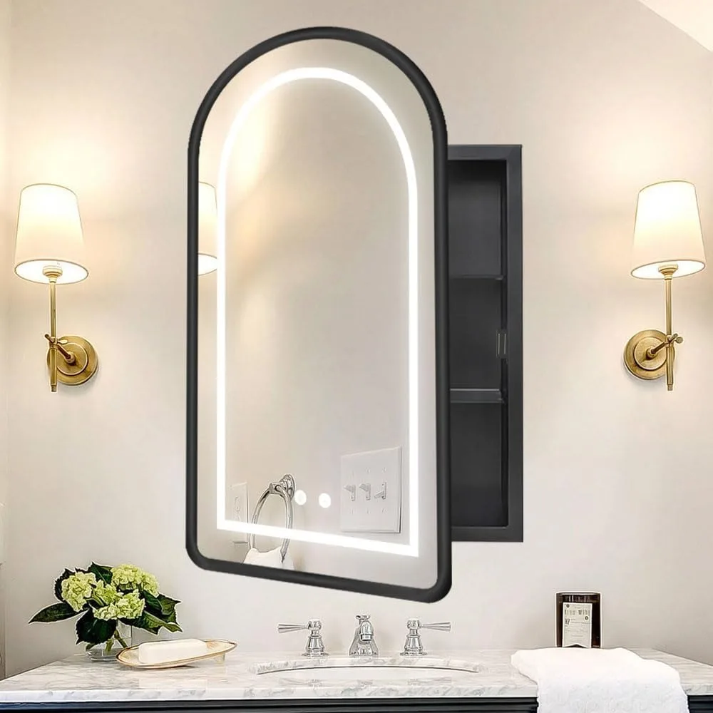 Arched Medicine Cabinet with Light, Recessed Mirror, Lighted Led Mirror for Bathroom, Cabinet, Dimmer, Anti-Fog