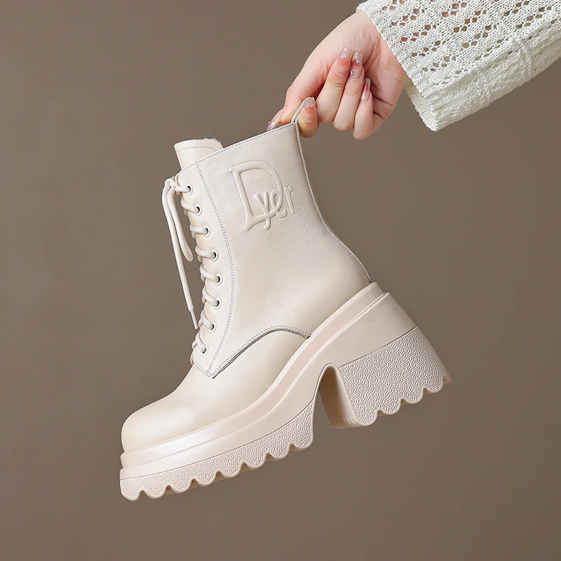 

New Women Ankle Boots 100% Genuine Leather Super High Heel 10CM Round Toe Platform Shoes