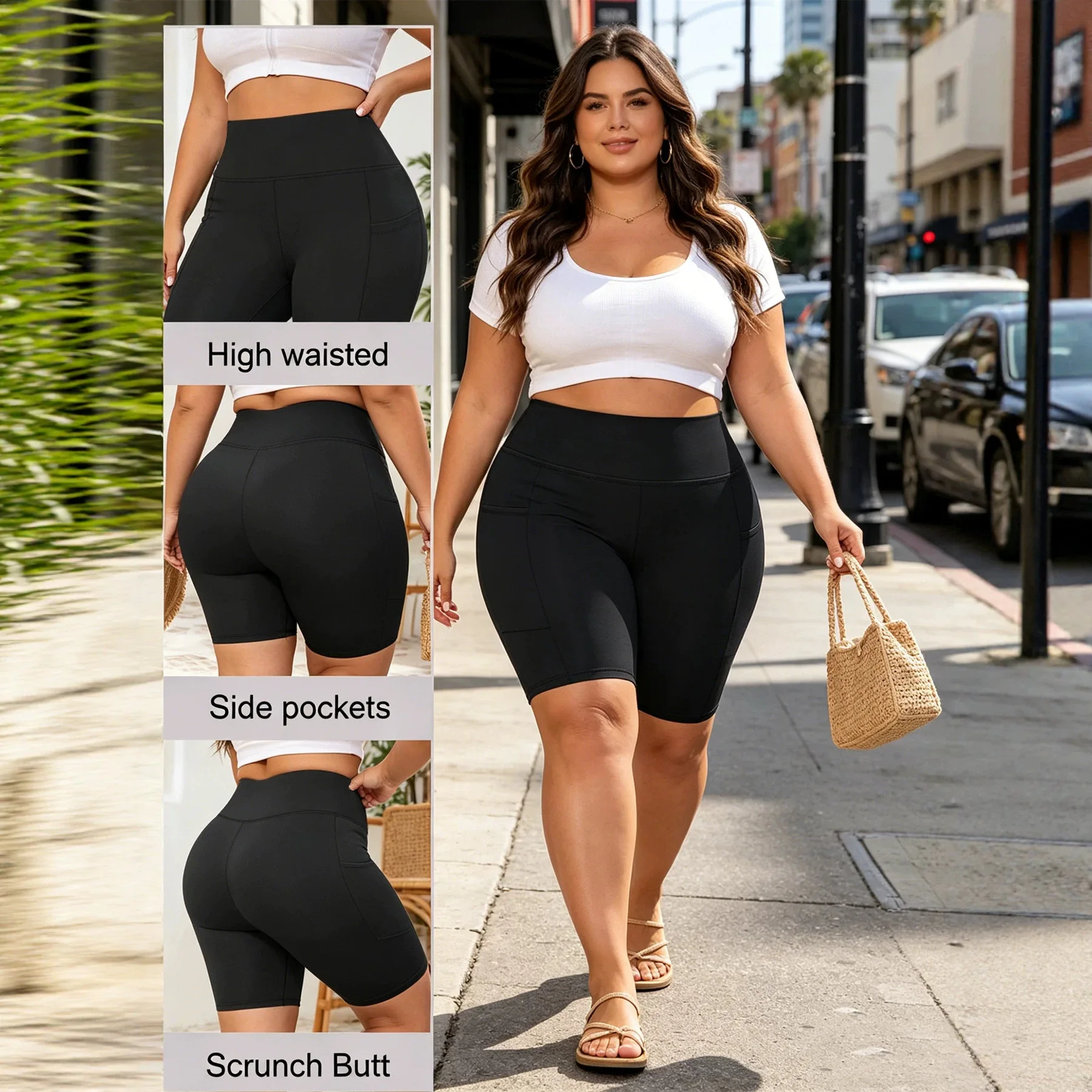 Plus Size Women High Waist Yoga Shorts With Side Pocket Soft Naked Feel Scrunch Yoga Gym Workout Cycling Short For Curvy Figures