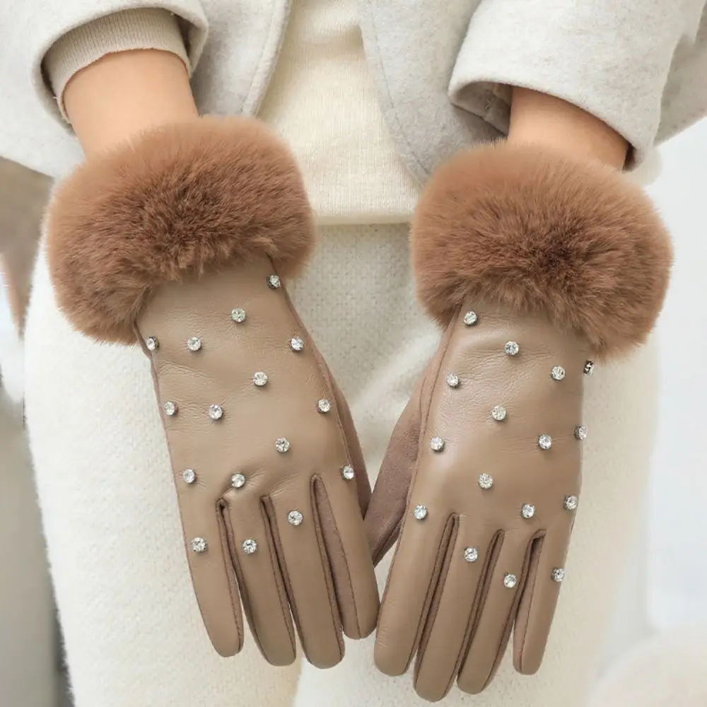 

Luxury Faux Fur Trim Cuff PU Leather Gloves Touchscreen Lined Winter Thermal Gloves Rhinestone Windproof Warm Gloves for Women