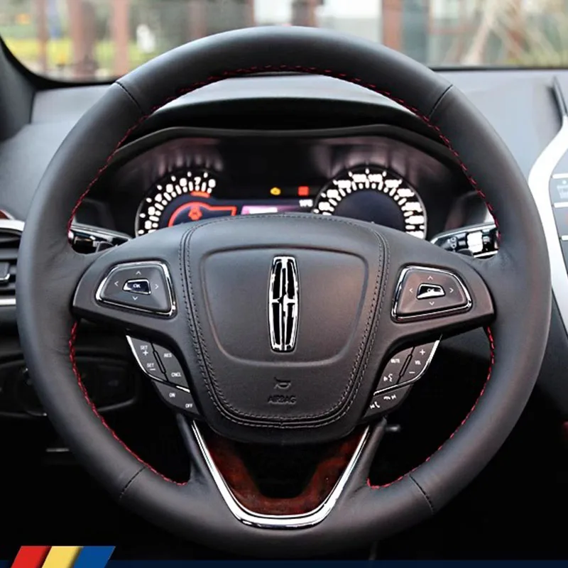 

Hand-stitched non-slip black genuine leather car steering wheel cover For Lincoln MKZ MKC MKX 2014-2019 Auto Parts