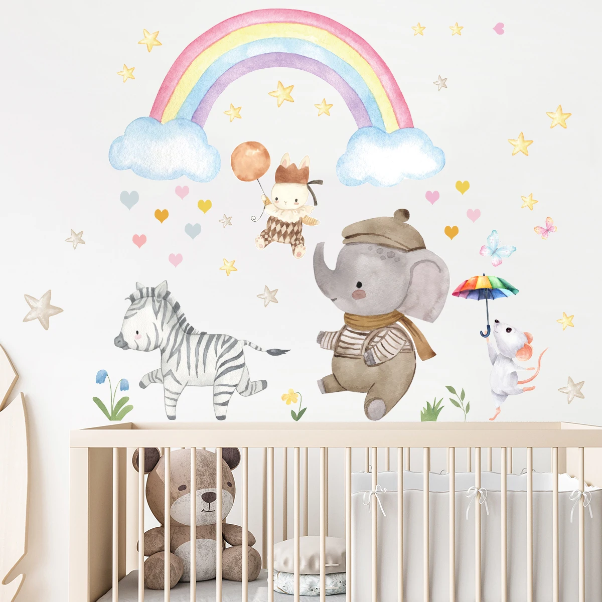Cartoon Regenbogen Tiere Elefant Zebra Wanda uf kleber Kinderzimmer Baby zimmer Schlaf Kinderzimmer Wandt attoos Wohnzimmer Schlafzimmer