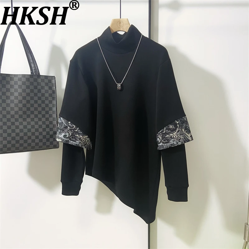 HKSH Spring Autumn New Men Trend Korean Style Patchwork Fake Two-Piece Sweatshirt Irregular Design Casual Dark Pullovers HK14393
