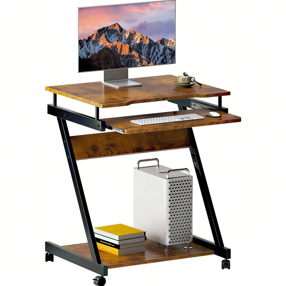 

Small Rolling Computer Desk, Z Shape Laptop Desk Cart On Wheels, Mobile Computer Workstation For Home And Office With Keyboard