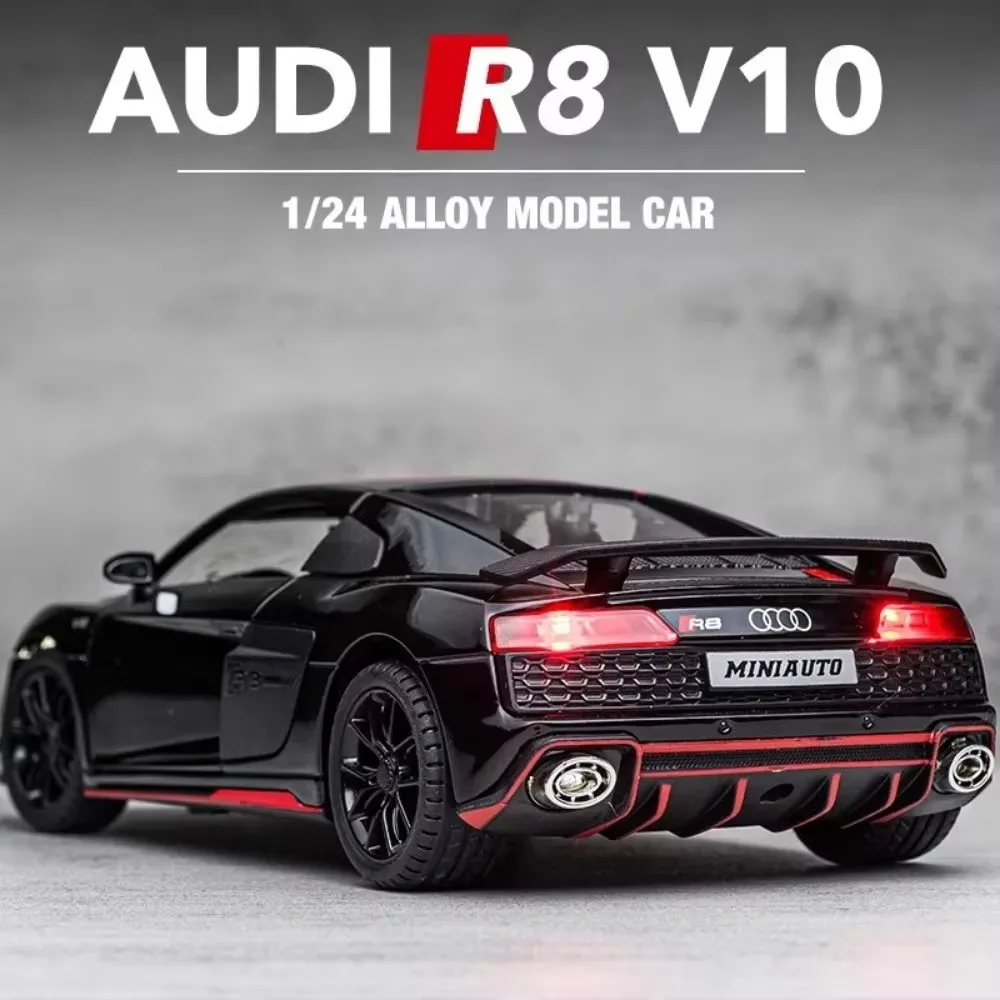 1:24 Scale R8 V10 Sports Car Toy Models Metal Diecast RS6 Police Cars Sound Light Pull Back Doors Opened Vehicle Toys Boys Gift