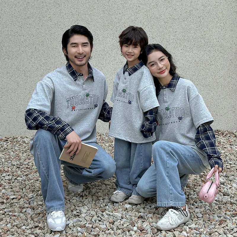 

‌2025 Autumn Korean Style Parent-Child Sweatshirts Plaid Long Sleeve Casual Family Outfit for Kids & Adults Matching Tops