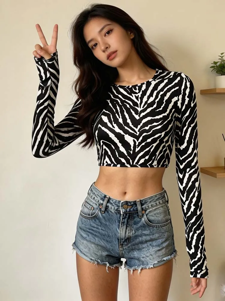 Zebra print print top round neck long sleeved women's T-shirt sexy backless design T-shirt short with exposed navel