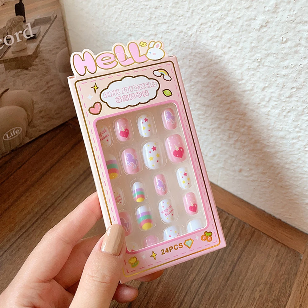 24Pcs Kids Cartoon Fake Nails Tips Detachable Acrylic Full Cover Press On False Nail Kawaii 3D Cute Press on Nails Art for Girls