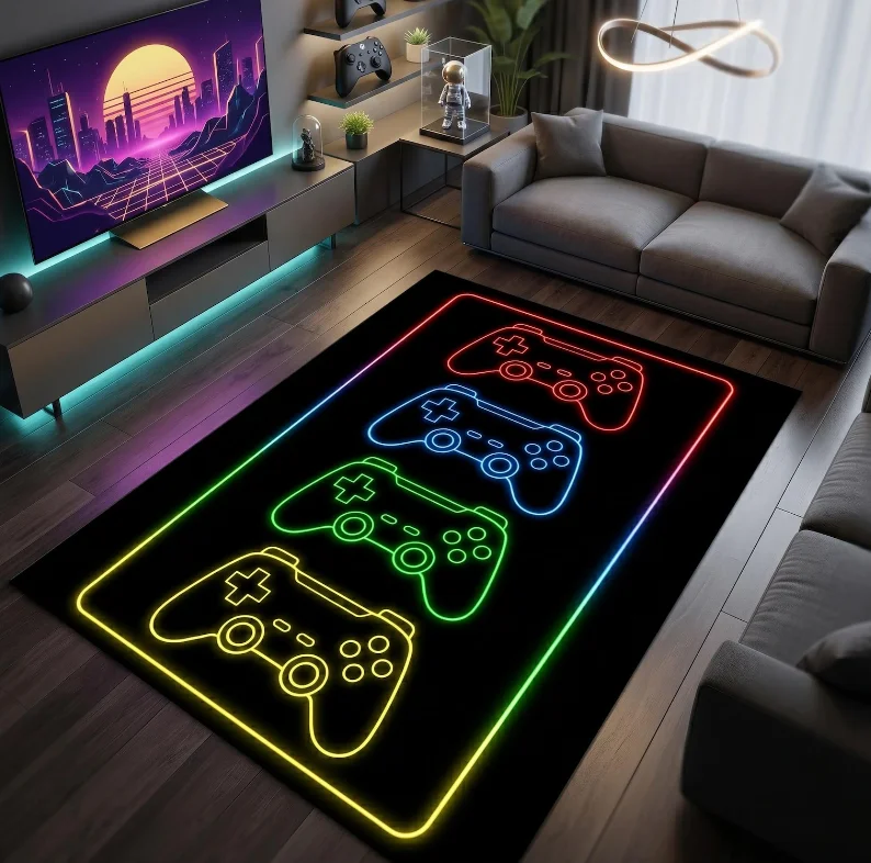 RGB Controller Rug, Neon Gaming Room Carpet, Gamepad Gamer Decor, Minimal Gamer Rug, Gaming Setup Accessory