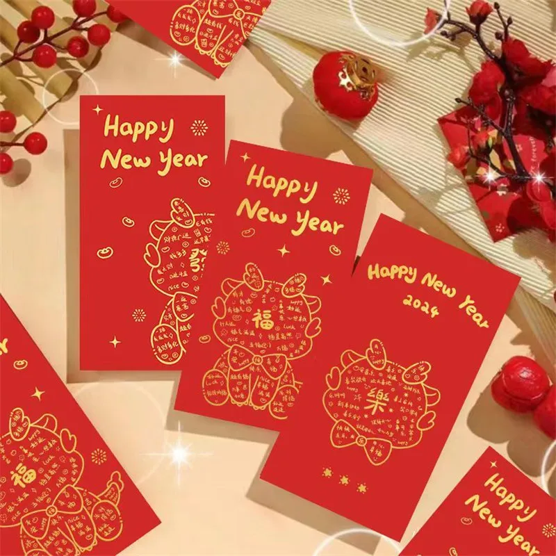 12pcs 2024 Chinese Red Envelope Dragon Year Creative Red Pocket Red Pocket For Lucky Money Birthday Wedding Red Gift Envelopes