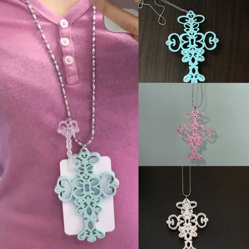 Korean Stylish Mint Green Card Holder Y2k Cross-shaped Pendant Necklace Cool Punk-style Hollow Out Pendant Accessories