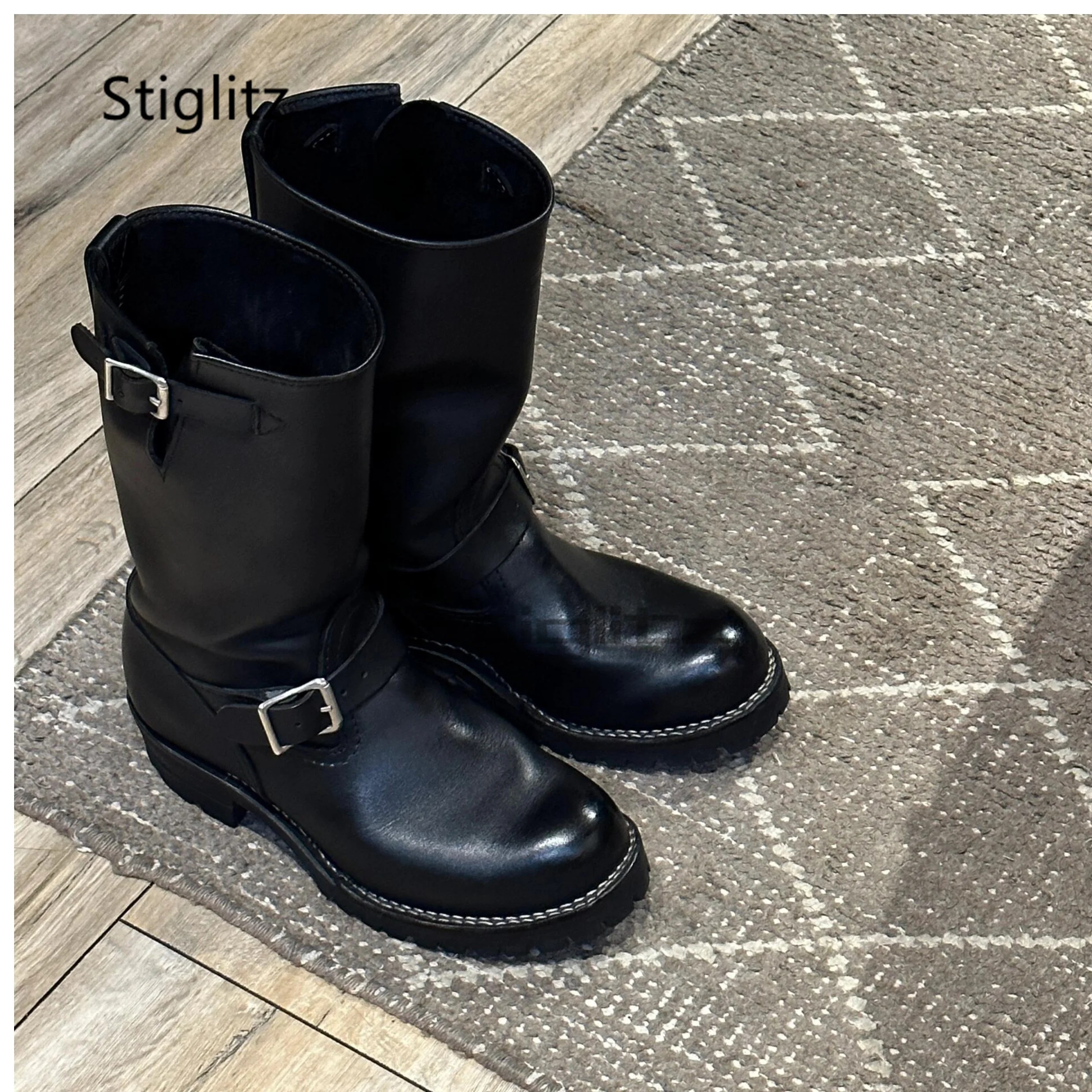 

Мужские мотоциклетные ботинки в стиле ретро с пряжкой на ремне, черные кожаные рыцарские ботинки до середины икры, модная рабочая обувь ручной работы с круглым носком на толстой подошве