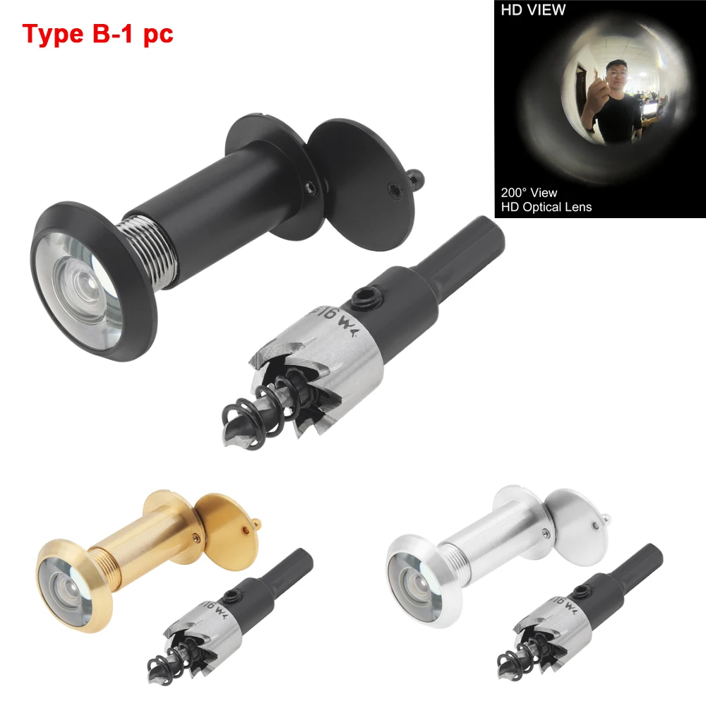 1 PC 16mm 200 ° Door Viewer Peephole Drill Bit Set for 35-55mm Door Thickness HD Optical Glass Lens Security Peek Peep Holes