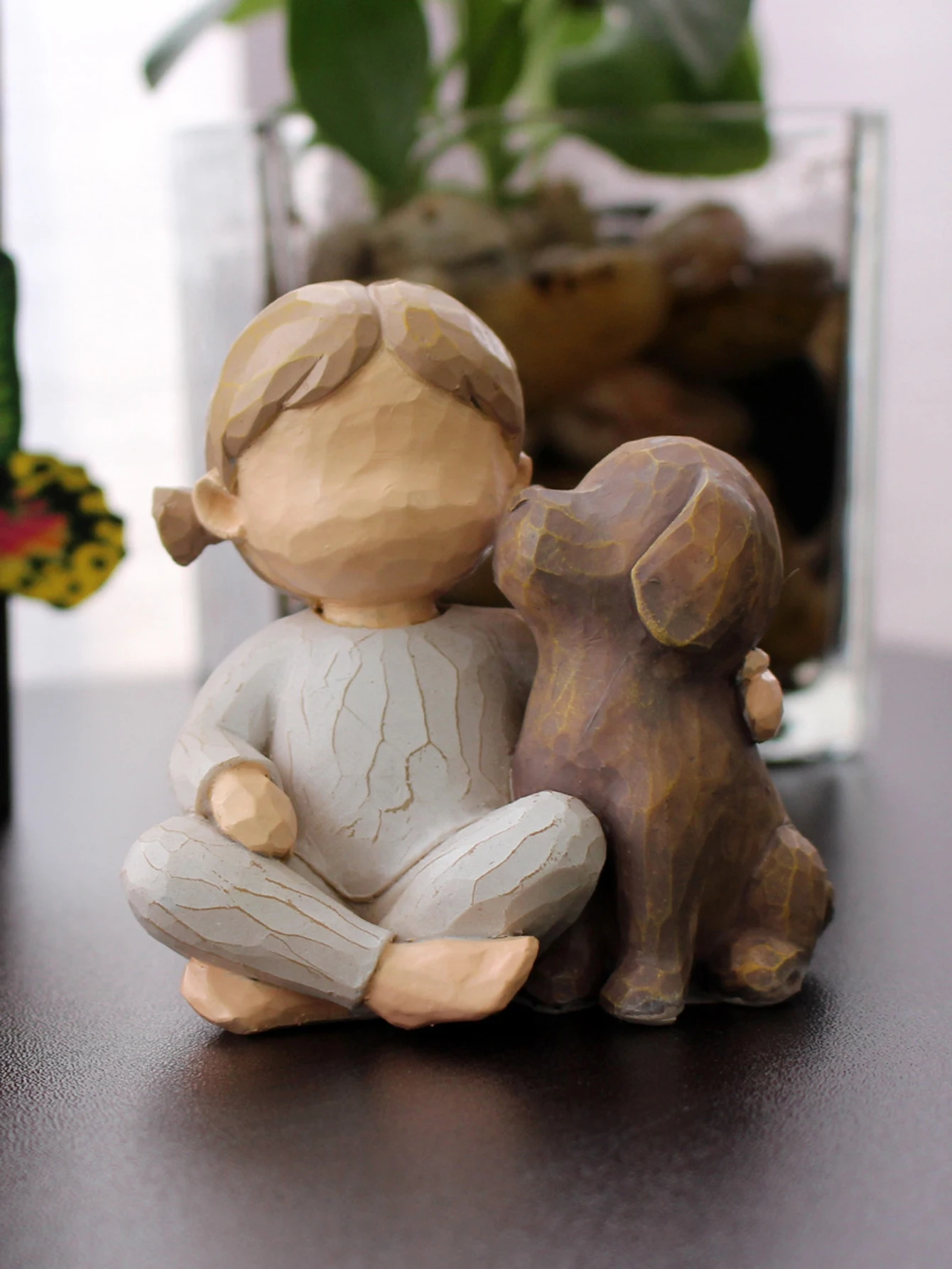 1 Piece Imitation Wood Engraved Angel Girl And Dog Sculpture Decoration Crafts Resin Statue Ornament Mother's Day Gift