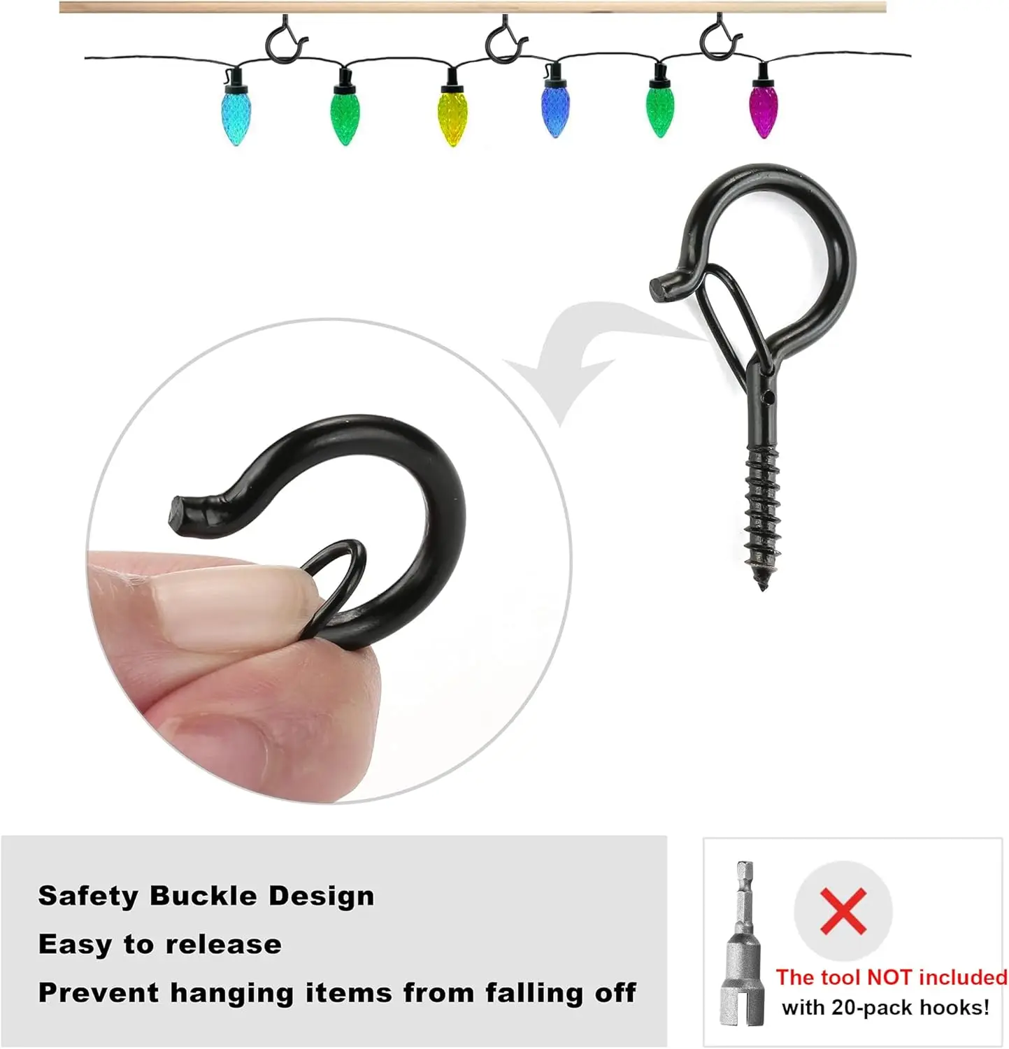 10/20 Pack Screw Hooks for Hanging Plants / String Lights, Heavy Duty 2.2 Inch Black Eye Hook Screw Cup Ceiling Hook Q-Hanger view 2